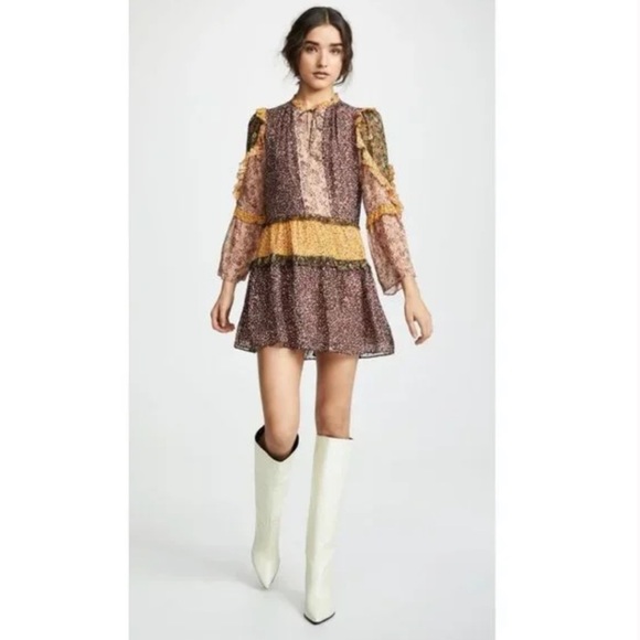 BOHO Fall Ruffle Floral Bohemian Mini Dress Size 4 - Picture 4 of 15